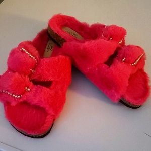 Hot pink fur slides